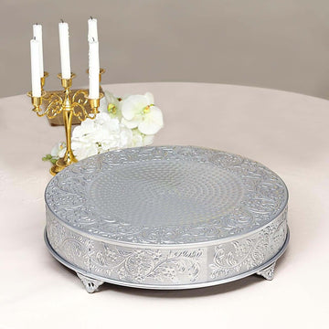 Metal 22" Round Cake Pedestal Stand Matte Silver - Cupcake Dessert Display Riser with Intricate Embossed Design for Upscale Events & Gatherings