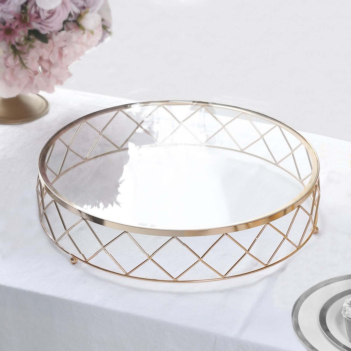 14inch Gold Metal Geometric Diamond Cut Cake Stand, Dessert Display Riser with Glass Top