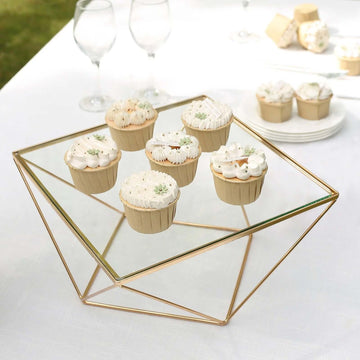 Metal Cake Stand Geometric Pedestal Riser Design Gold with Square Glass Top - Display Centerpiece 12"