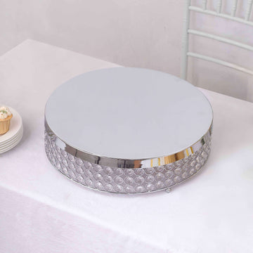 Metal Cake Stand Pedestal Crystal Beaded Design Silver - Cupcake Display and Dessert Riser 16"