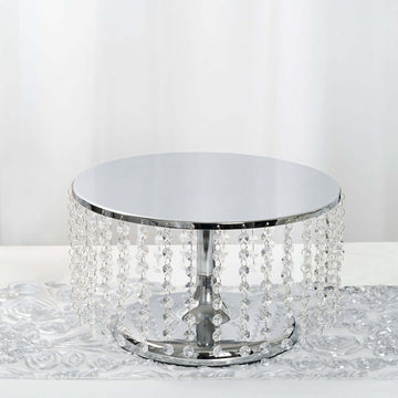 Metal Cake Stand Round Design Metallic Silver with Crystal Chains 14" Dia - Cupcake Dessert Pedestal 8" Tall