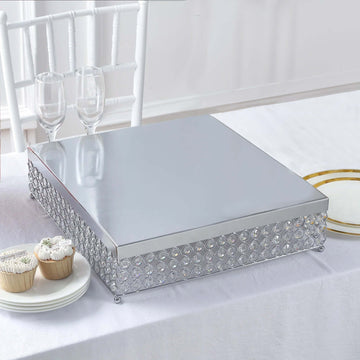 Metal Cake Stand Square Design with Crystal Beads Silver - Dessert Pedestal for Events 16"