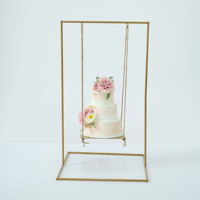 3ft Tall Gold Metal Hanging Cake Stand Swing with Jute Rope, Dessert Display Centerpiece