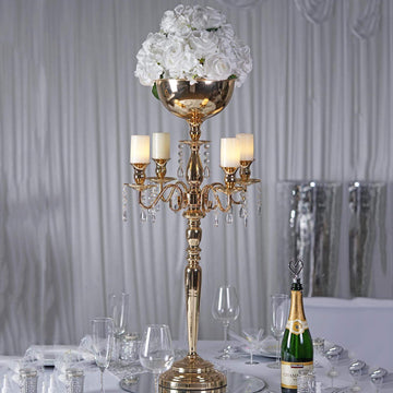 Metal Candelabra 4 Arm Design Gold with Flower Vase Bowl - Table Centerpiece for Weddings 33"