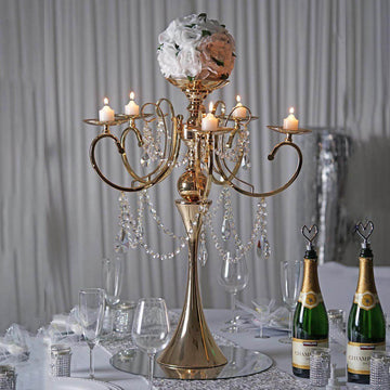 Metal Candelabra 5 Arm Design Gold with Hanging Crystal Drops - Table Centerpiece for Events 27"