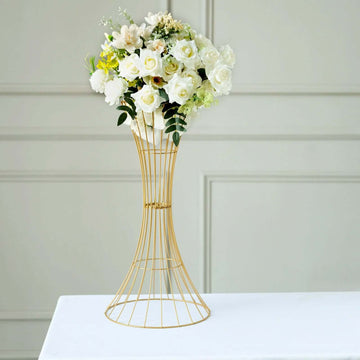 Metal Centerpiece Stand Gold Hourglass Trumpet Shape Design - Flower Open Frame Reversible Pedestal 24"