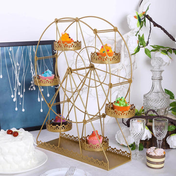 Metal Ferris Wheel Cupcake Holder Gold - Large Decorative Rotating Dessert Display Stand for Carnival-Themed Events Baby Showers & Weddings 23"