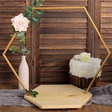 Metal Hexagon Floral Hoop Cake Stand Gold - Chic Geometric Dessert Display DIY Centerpiece Table Decoration With Wooden Base 28"