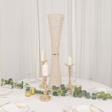 Metal Hurricane Floral Vase Centerpiece Metallic Gold with Crystal Beaded Design - Decorative Table Piece 36"