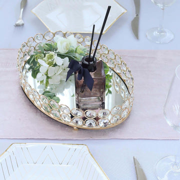 Metal Mirrored Oval Serving Tray 12"x8" in Gold with Crystal Beads, Glamorous Decorative Vanity Tray Centerpiece