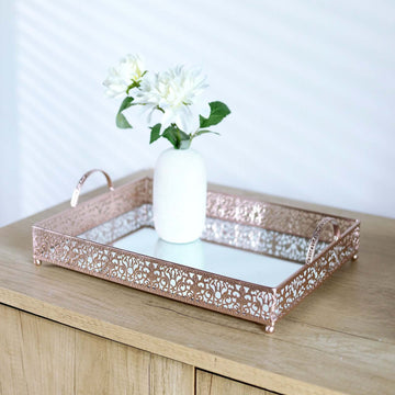 Metal Mirrored Rectangle Serving Tray 16"x12" in Rose Gold Fleur De Lis Design with Handles, French Inspired Decorative Vanity Tray Centerpiece