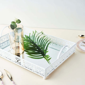 Metal Mirrored Rectangle Serving Tray 16"x12" in White Fleur De Lis Design with Handles, French Inspired Decorative Vanity Tray Centerpiece