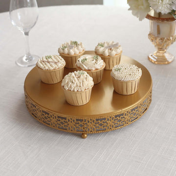 Metal Pedestal Cake Stand Fleur De Lis Round Design Gold - Cupcake Dessert Display Table Centerpiece 12"