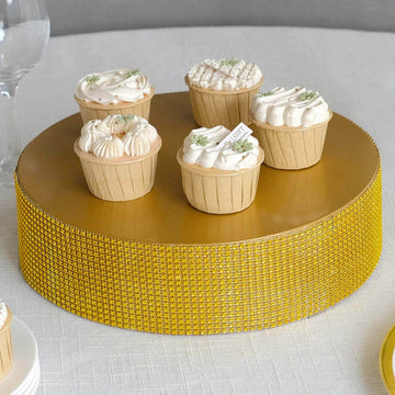 Metal Pedestal Cake Stand Round Design with Rhinestones Gold - Cupcake Holder and Dessert Table Centerpiece 12"