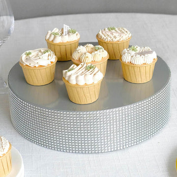 Metal Pedestal Cake Stand Round Design with Rhinestones Silver - Cupcake Holder and Dessert Table Centerpiece 12"