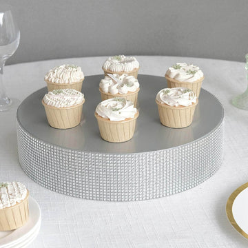 Metal Pedestal Cake Stand Round Design with Rhinestones Silver - Cupcake Holder and Dessert Table Centerpiece 14"