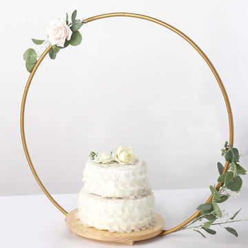 Metal Round Floral Hoop Cake Stand Gold - Chic Geometric Dessert Display DIY Centerpiece Table Decoration With Wooden Base 33"