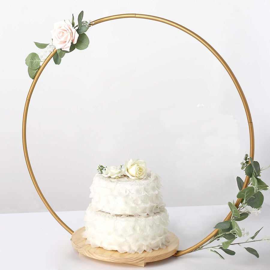 33Inch Gold Round Metal Floral Hoop Cake Stand, Dessert Display Centerpiece Stand With Wooden Base