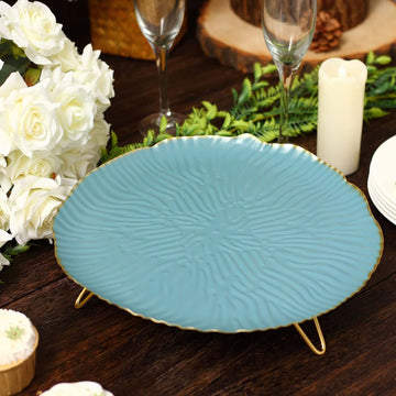 Metal Round Serving Tray 12" in Dusty Blue Floral Pattern with Gold Wavy Rim, Pedestal Dessert Display with Hairpin Legs