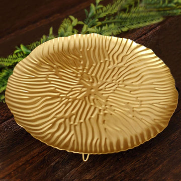 Metal Round Serving Tray 12" in Gold Floral Pattern with Wavy Rim, Pedestal Dessert Display with Hairpin Legs