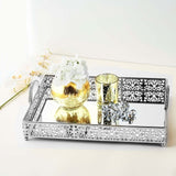 Fleur De Lis Silver Metal Decorative Vanity Serving Tray with handles, Rectangle Mirrored Tray