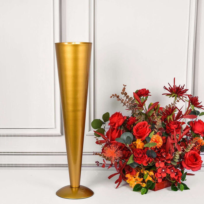 28Inch Tall Brushed Gold Metal Trumpet Flower Vase Wedding Centerpiece