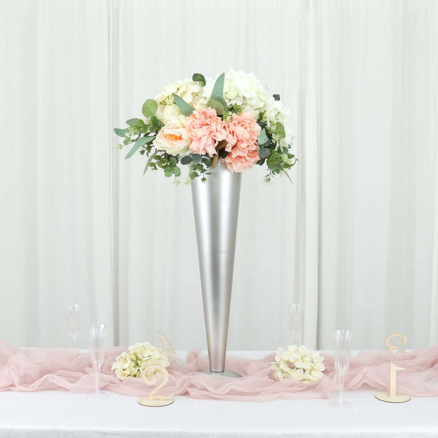 24Inch Tall Brushed Silver Metal Trumpet Flower Vase Wedding Centerpiece