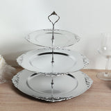 3-Tier Metallic Silver Plastic Cupcake Tower Stand with Embossed Baroque Rim, 13inch Round Cake