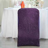 Purple Spandex Stretch Folding Chair Cover, Fitted Chair Cover with Metallic Shimmer Tinsel Back