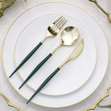 24 Pack | 8inch Metallic Gold With Hunter Emerald Green Utensil Set, Modern Plastic Silverware Set