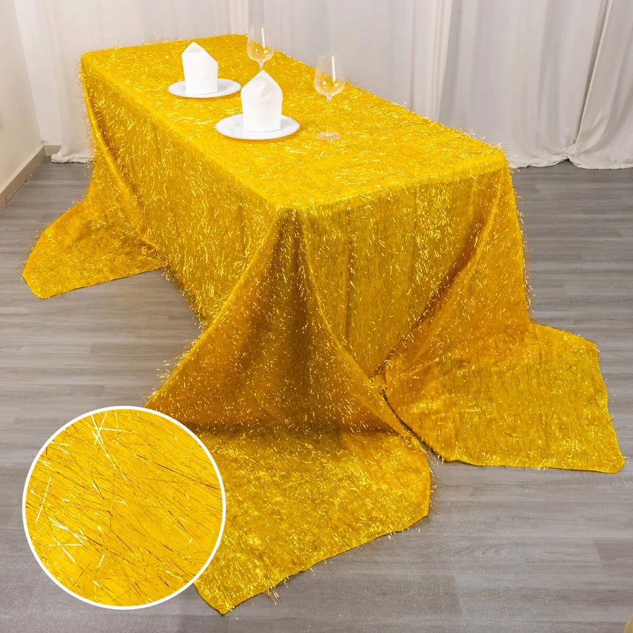 90x156inch Metallic Gold Premium Tinsel Shag Rectangular Tablecloth, Shimmery Metallic Fringe