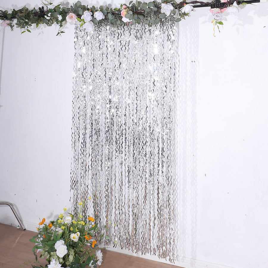 Metallic Silver Wavy Foil Fringe Party Backdrop, Curly Tinsel Streamer Photo Booth Curtain