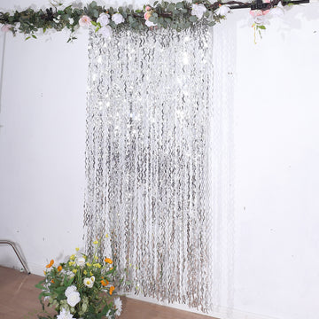 Metallic Silver Wavy Foil Fringe Party Backdrop, Curly Tinsel Streamer Photo Booth Curtain - 3ftx6ft