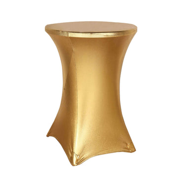 Metallic Spandex 32" Fitted Round Cocktail Table Cover Gold Highboy Tablecloth - Stretch Fit & Water-Resistant for Stylish Decor