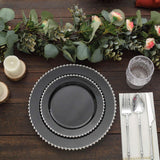 10 Pack | 10inch Black / Silver Beaded Rim Disposable Dinner Plates, Round Plastic Party Plates