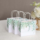 12 Pack White Green Eucalyptus Leaves Paper Party Favor Bags With Handles, Gift Goodie Bags - 6inch