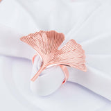 4 Pack | Rose Gold Ginkgo Leaf Napkin Rings, Linen Napkin Holders - Metallic Ornate Design - Blush