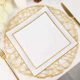 10 Pack | 8inch White / Gold Concave Modern Square Plastic Dessert Plates, Disposable Salad Plates