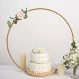 33Inch Gold Round Metal Floral Hoop Cake Stand, Dessert Display Centerpiece Stand With Wooden Base