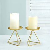 2 Pack | 5Inch Gold Metal Triangle Base Pillar Candle Holder Stands, Geometric Table Centerpieces