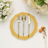 10 Pack | 10inch Gold / White Disposable Dinner Plates With Round Blossom Design With Gold Rim