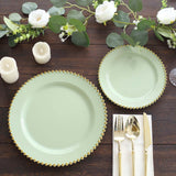 10 Pack Sage Green Disposable Party Plates with Gold Beaded Rim, 10inch Round Plastic Dinner Plates