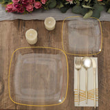 10 Pack | 7inch Clear with Gold Rim Square Plastic Salad Party Plates, Dessert Appetizer Plates