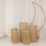 Set of 5 Natural Woven Rattan Wicker Pedestal Stands, Boho Chic Side Table Cylinder Cake Dessert