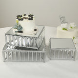 Set of 3 Silver Metal Crystal Pendant Cake Stands with Mirror Top