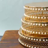 Set of 3 Pearl Beaded Gold Metal Cake Stands, Stackable Round Cupcake Dessert Display Holders