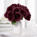 12inches Burgundy Artificial Velvet-Like Fabric Rose Flower Bouquet Bush