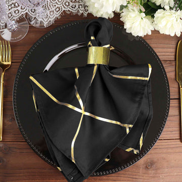 5 Pack | Modern Black and Geometric Gold Cloth Dinner Napkins | 20"x20"