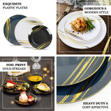 10 Pack | Black & Gold Brush Stroked 7inch Round Plastic Dessert Plates