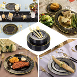 7.5inch Black With Gold Dot Rim Plastic Dessert Plates, Round Salad Disposable Tableware Plates